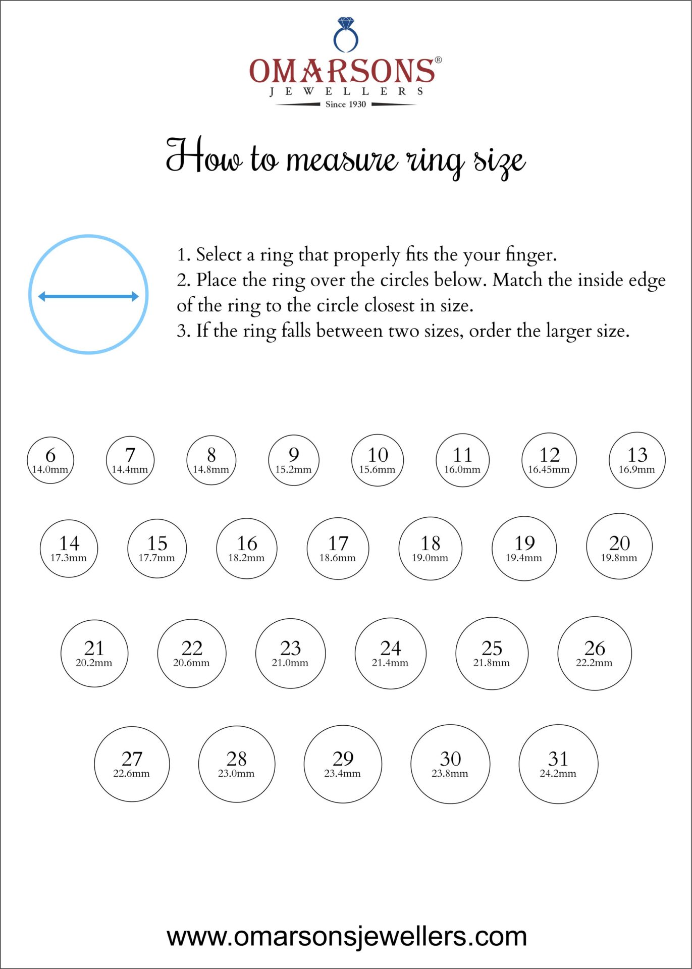 Measure the size of a ring and ring size chart